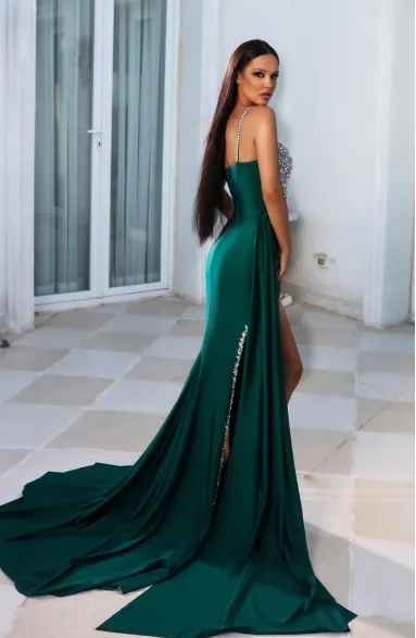 Discount 2024 Crystals Satin Emerald Green Prom Dresses Mermaid One Shoulder