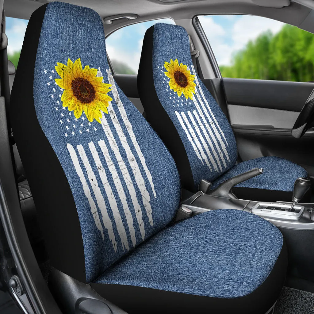 Distressed American Flag With Rustic Sunflower on Light Blue Denim Style Car Seat Covers