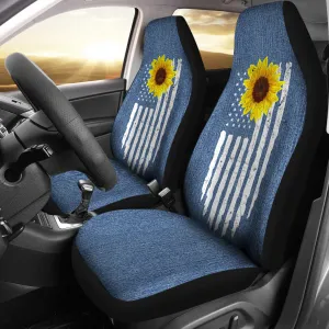 Distressed American Flag With Rustic Sunflower on Light Blue Denim Style Car Seat Covers