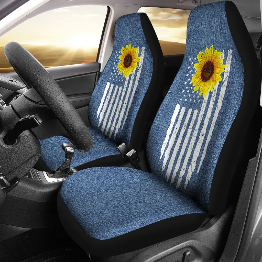 Distressed American Flag With Rustic Sunflower on Light Blue Denim Style Car Seat Covers