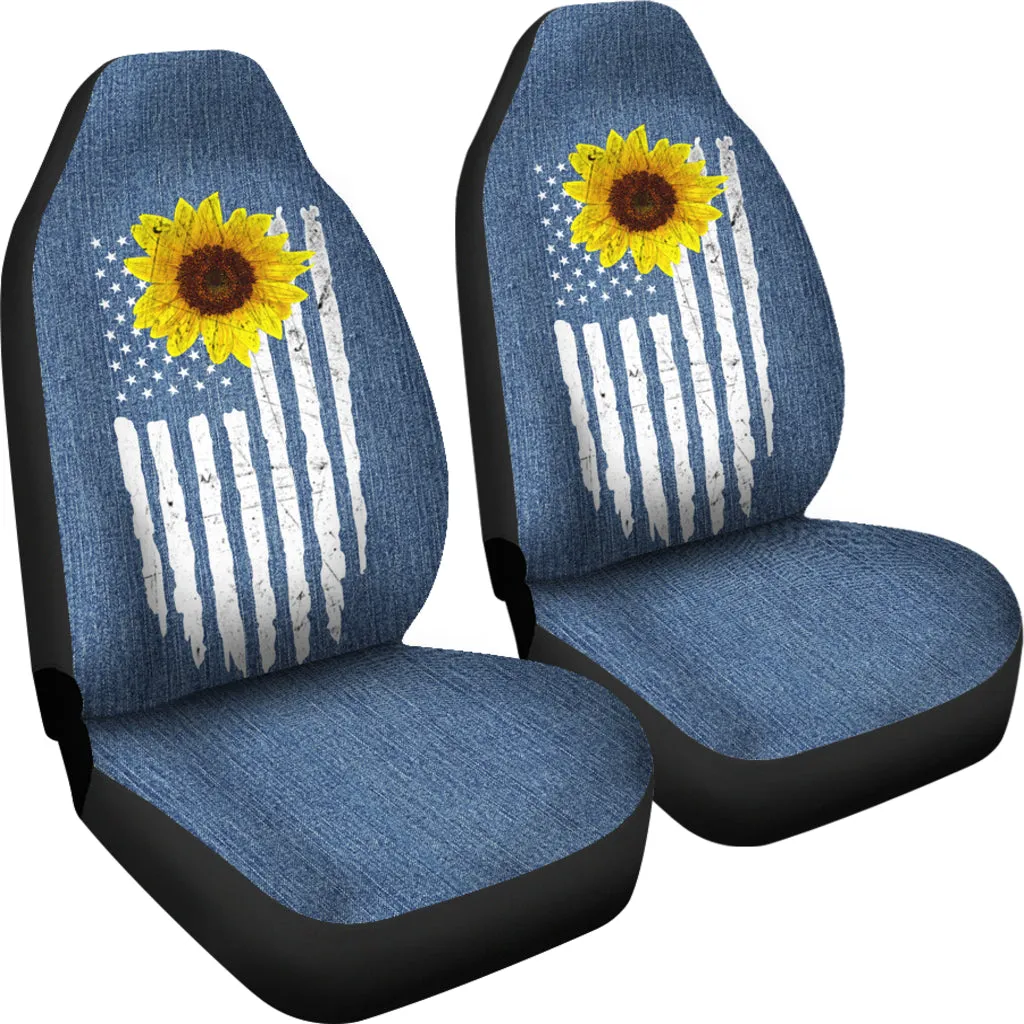 Distressed American Flag With Rustic Sunflower on Light Blue Denim Style Car Seat Covers