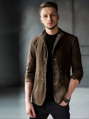 Dual Collar Suede Leather Blazer for Men