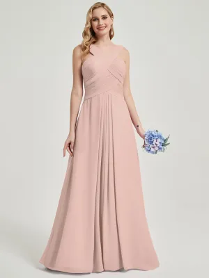 Dusty Pink Cross Neck A-Line Floor Length Chiffon Bridesmaid Dresses