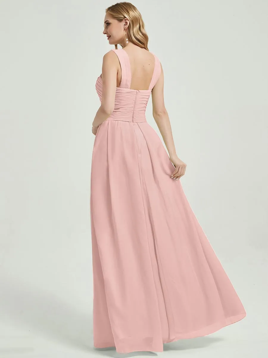 Dusty Pink Cross Neck A-Line Floor Length Chiffon Bridesmaid Dresses