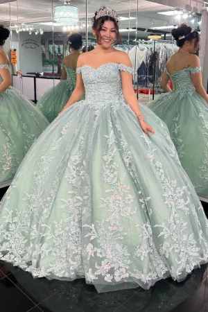 Dylan | Off-the-Shoulder Dusty Sage Appliques With Lace Up Quinceanera Dress