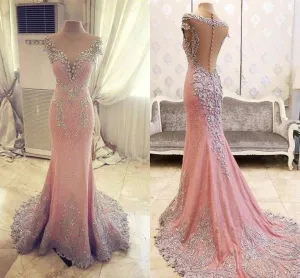 Elegant Pink See Through Lace Rhinestone Gorgeous Wedding Prom Dresses, BG0021