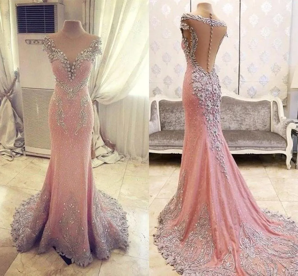 Elegant Pink See Through Lace Rhinestone Gorgeous Wedding Prom Dresses, BG0021