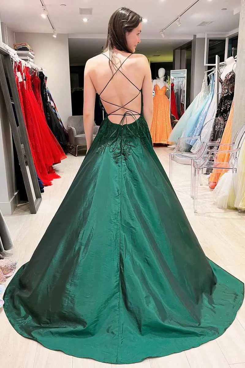 Emerald Green Prom Dresses A-Line Lace Satin Evening Dress UK Graduation Dress