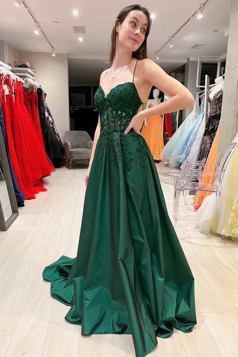 Emerald Green Prom Dresses A-Line Lace Satin Evening Dress UK Graduation Dress