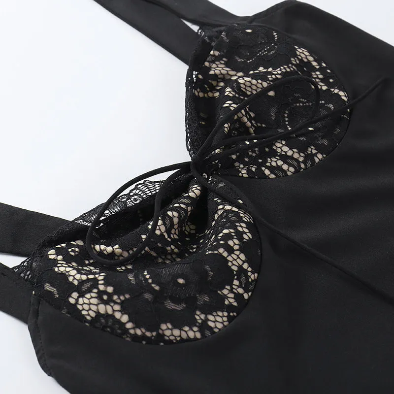 Feminine Lace Trim Sweetheart Tie Front Satin Mini Sundress - Black