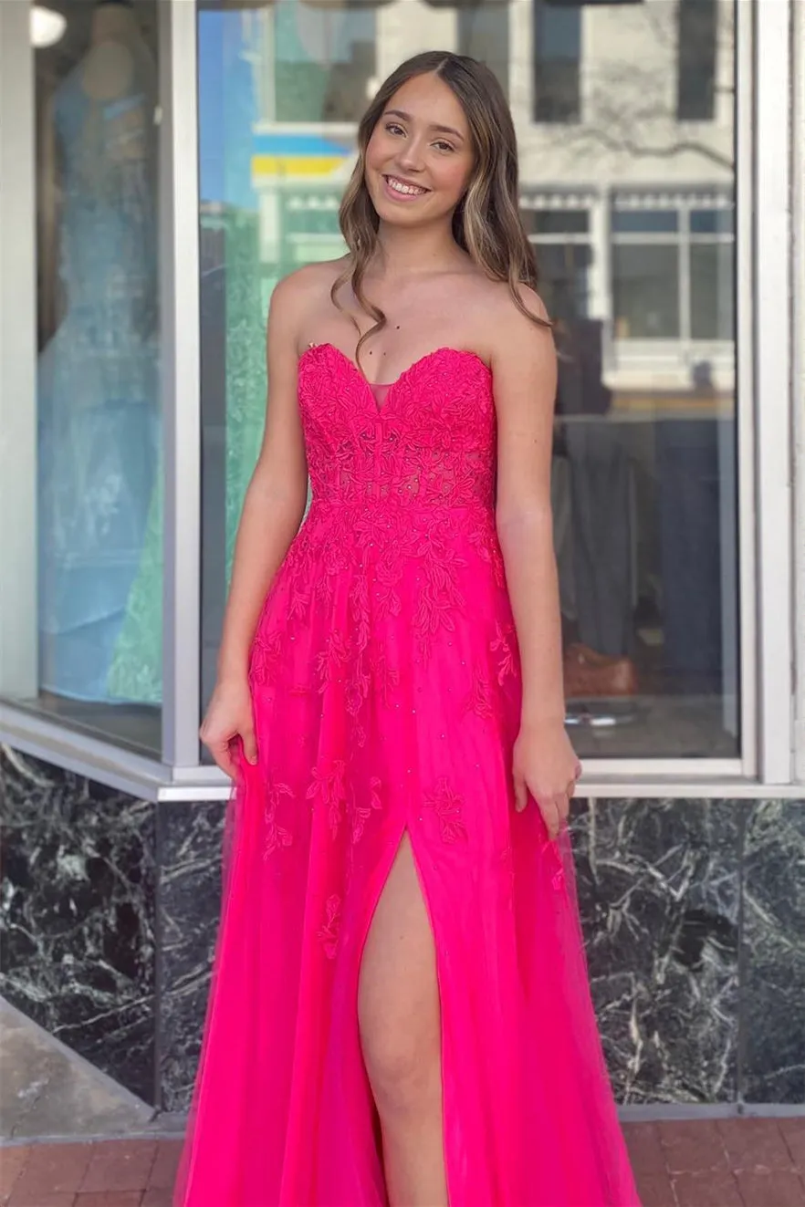 Floral Hot Pink 2024 Prom Dresses A-line Long Strapless Appliques