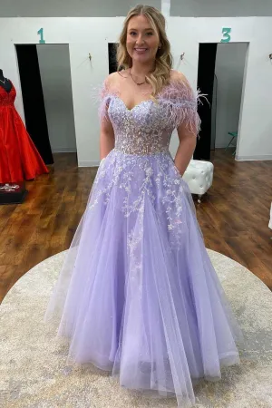 Floral Lavender Prom Dresses Lace Feathers Off-the-Shoulder Evening Gown 2024