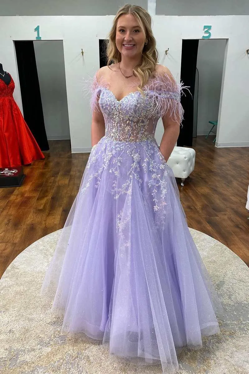 Floral Lavender Prom Dresses Lace Feathers Off-the-Shoulder Evening Gown 2024