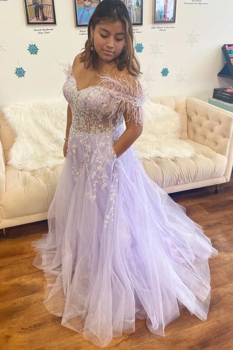 Floral Lavender Prom Dresses Lace Feathers Off-the-Shoulder Evening Gown 2024