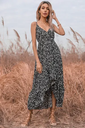 Floral V-neck high low dress- Black