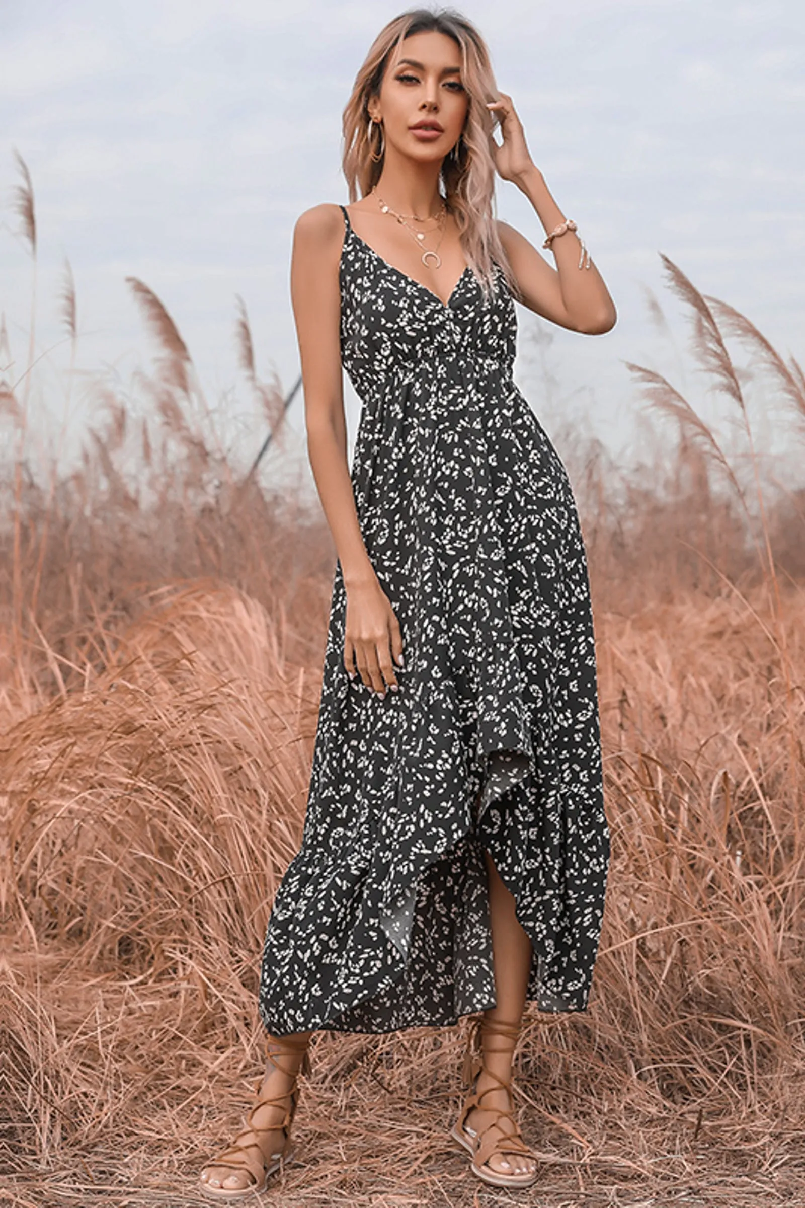 Floral V-neck high low dress- Black