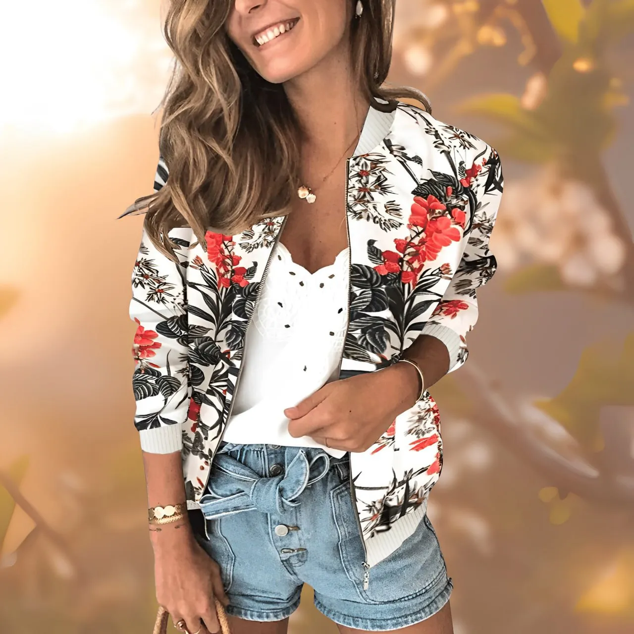 Florale Bomberjacke mit Reißverschluss für Damen