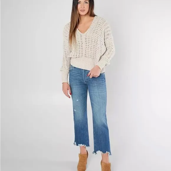 Free People Maggie Mid Rise Straight Leg Jeans Frayed Button Fly Sequoia Blue 26