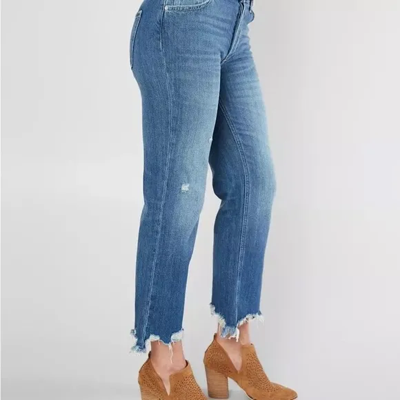 Free People Maggie Mid Rise Straight Leg Jeans Frayed Button Fly Sequoia Blue 26