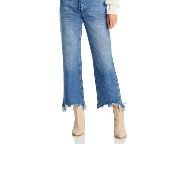 Free People Maggie Mid Rise Straight Leg Jeans Frayed Button Fly Sequoia Blue 26