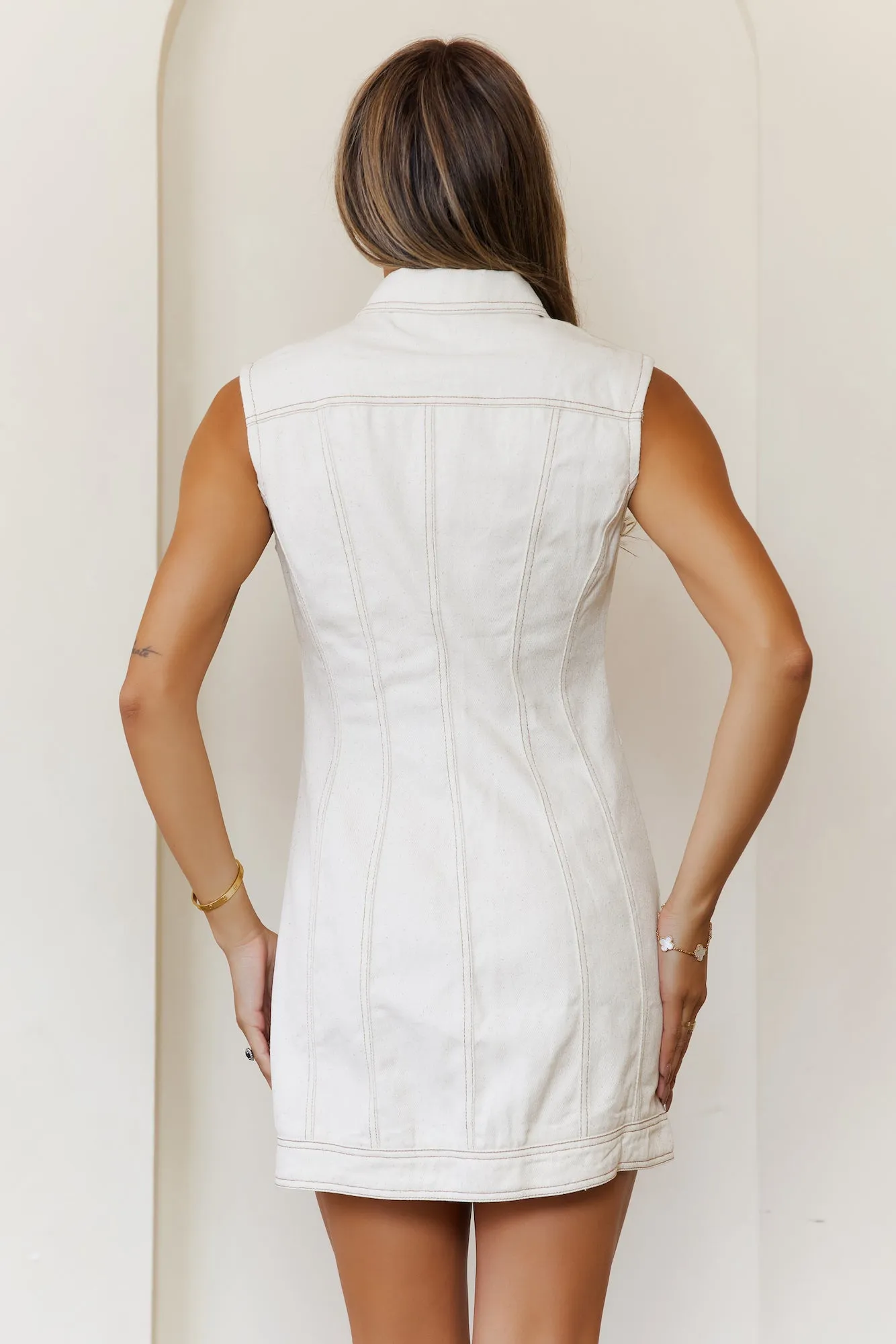 Fresh Day Style Denim Mini Dress Cream