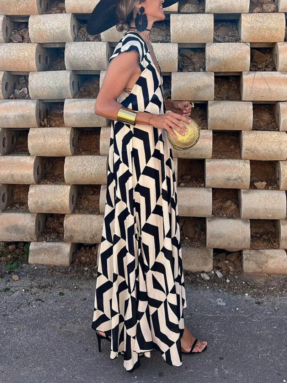 Fresh Unique Ethnic Print Graceful Ruffle Sleeve A-line Maxi Dress