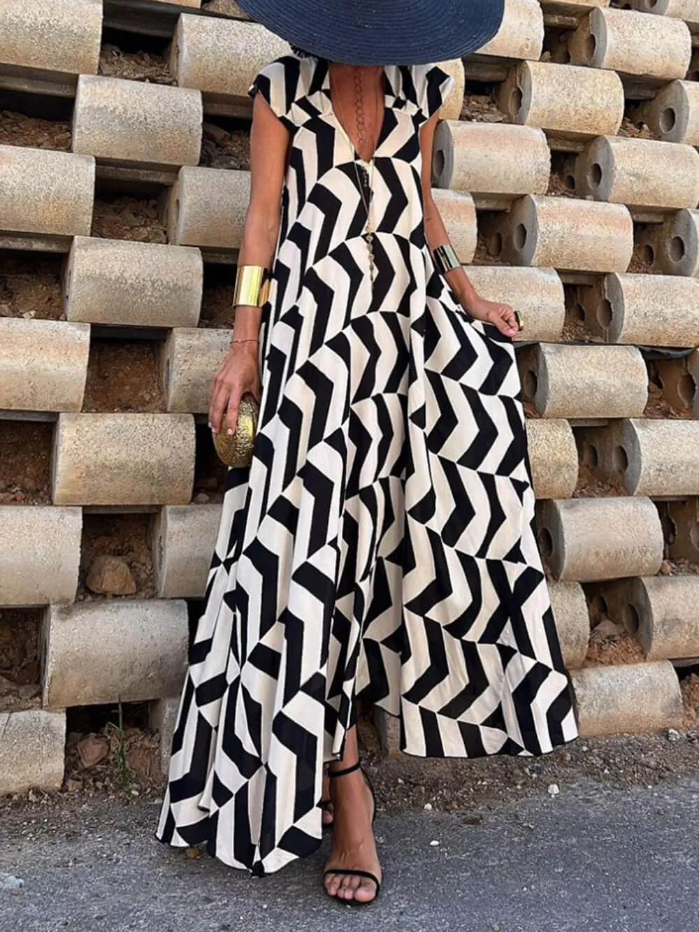 Fresh Unique Ethnic Print Graceful Ruffle Sleeve A-line Maxi Dress