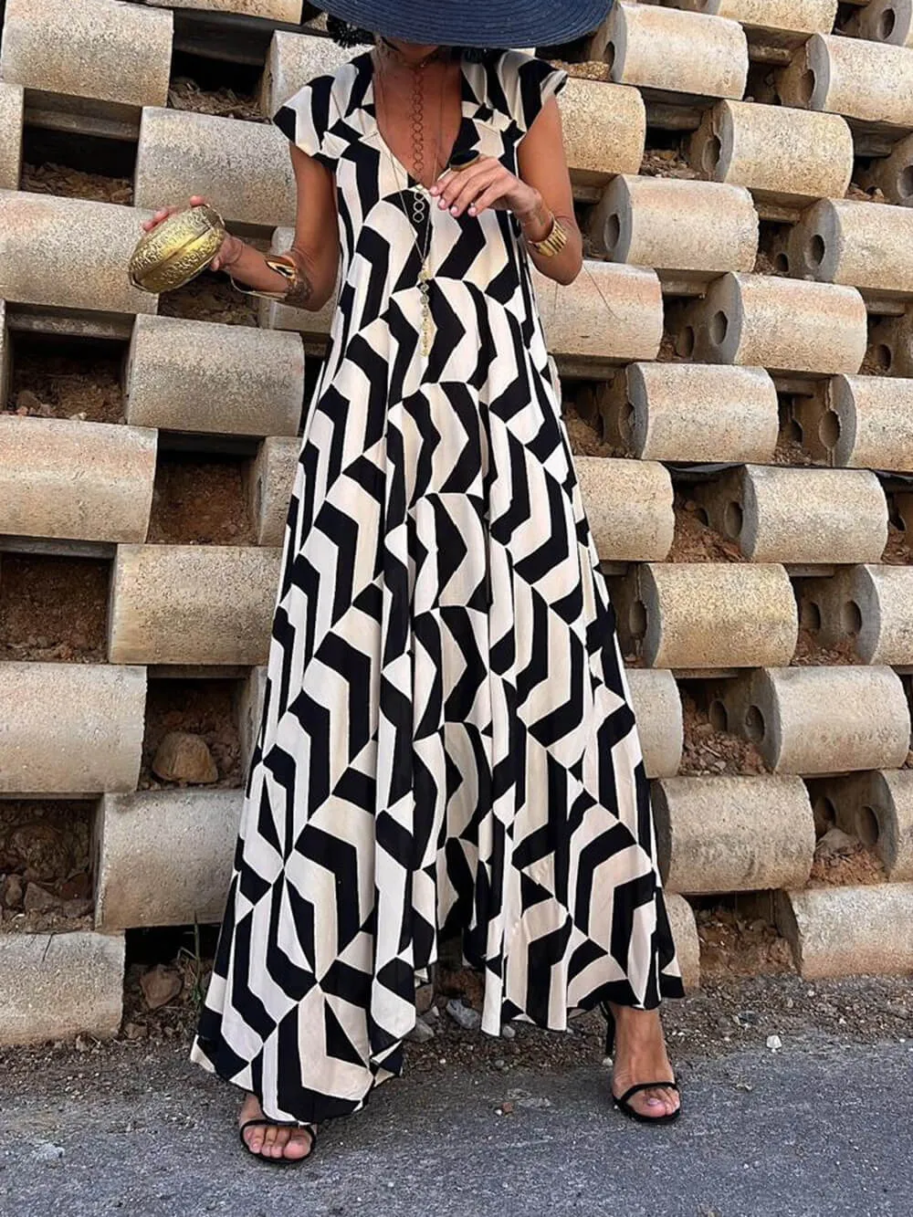 Fresh Unique Ethnic Print Graceful Ruffle Sleeve A-line Maxi Dress