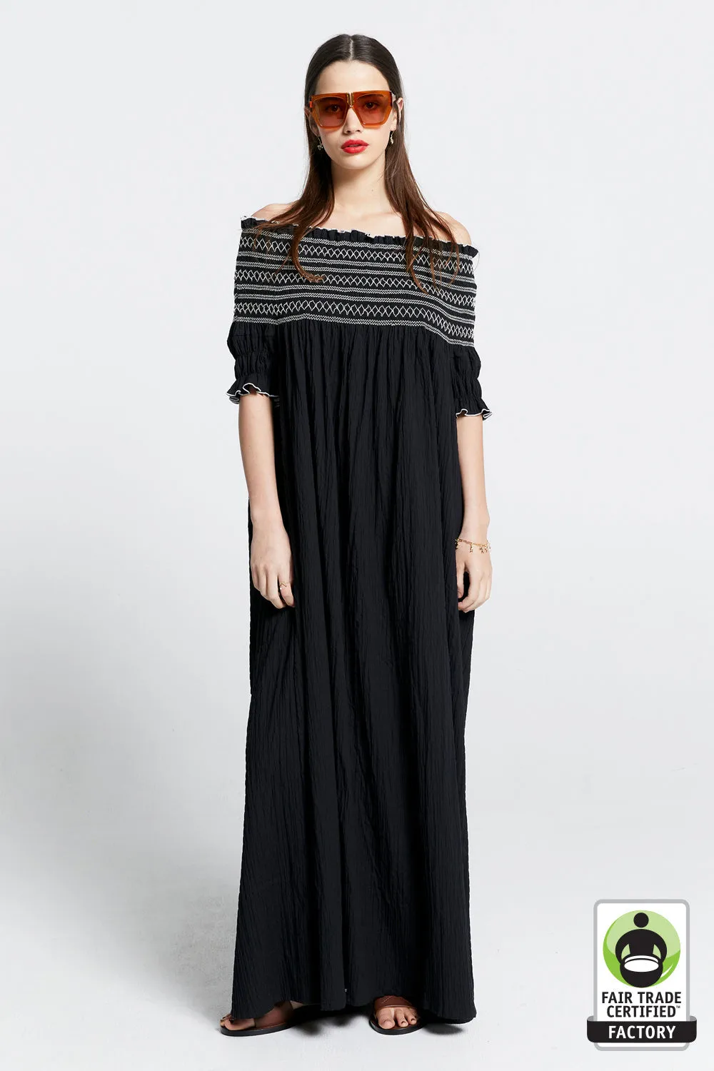 Gaia Smocked Dress Black/Off-White
