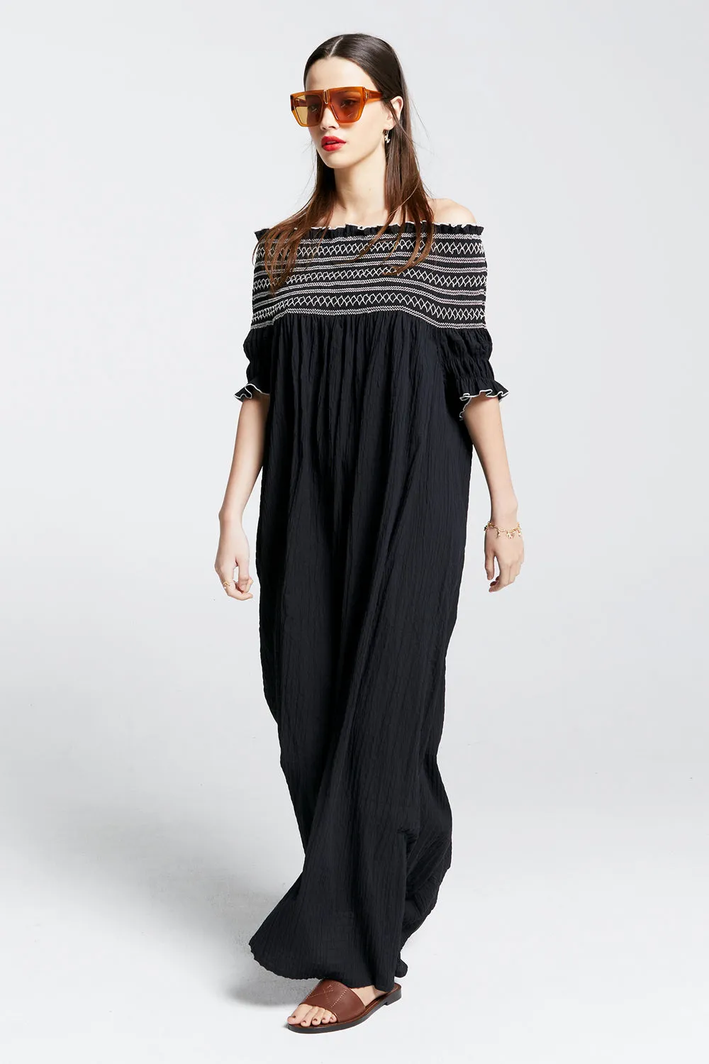 Gaia Smocked Dress Black/Off-White