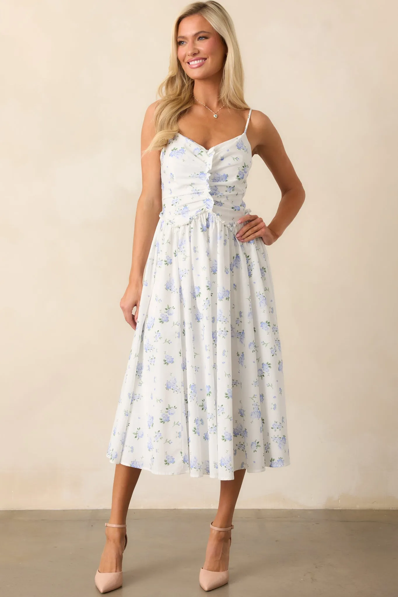 Garden Treasures Light Blue Floral Cotton Midi Dress