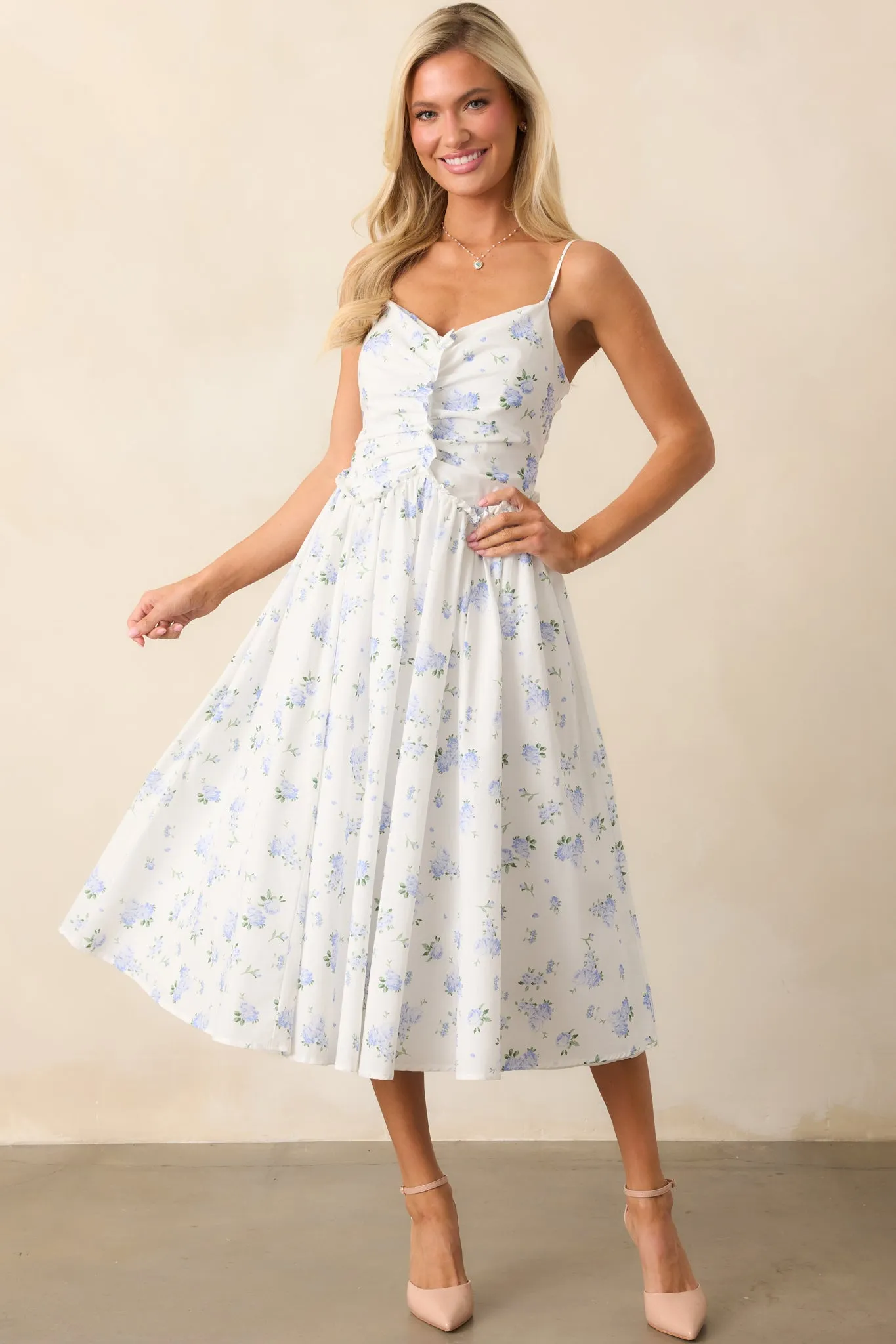 Garden Treasures Light Blue Floral Cotton Midi Dress