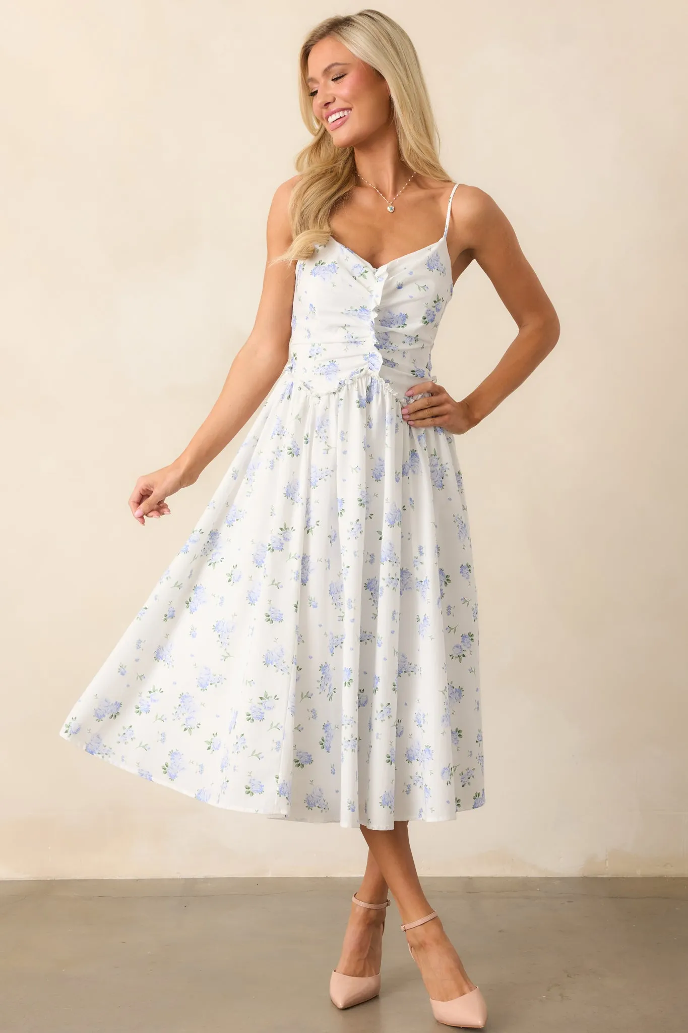 Garden Treasures Light Blue Floral Cotton Midi Dress