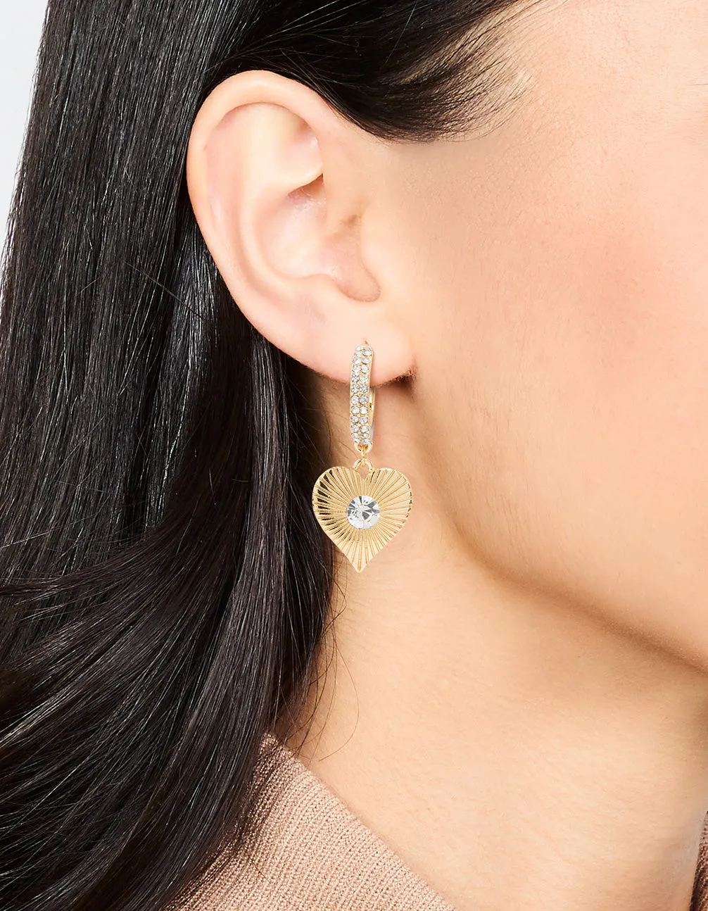 Gold Diamante Heart Hoop Earrings