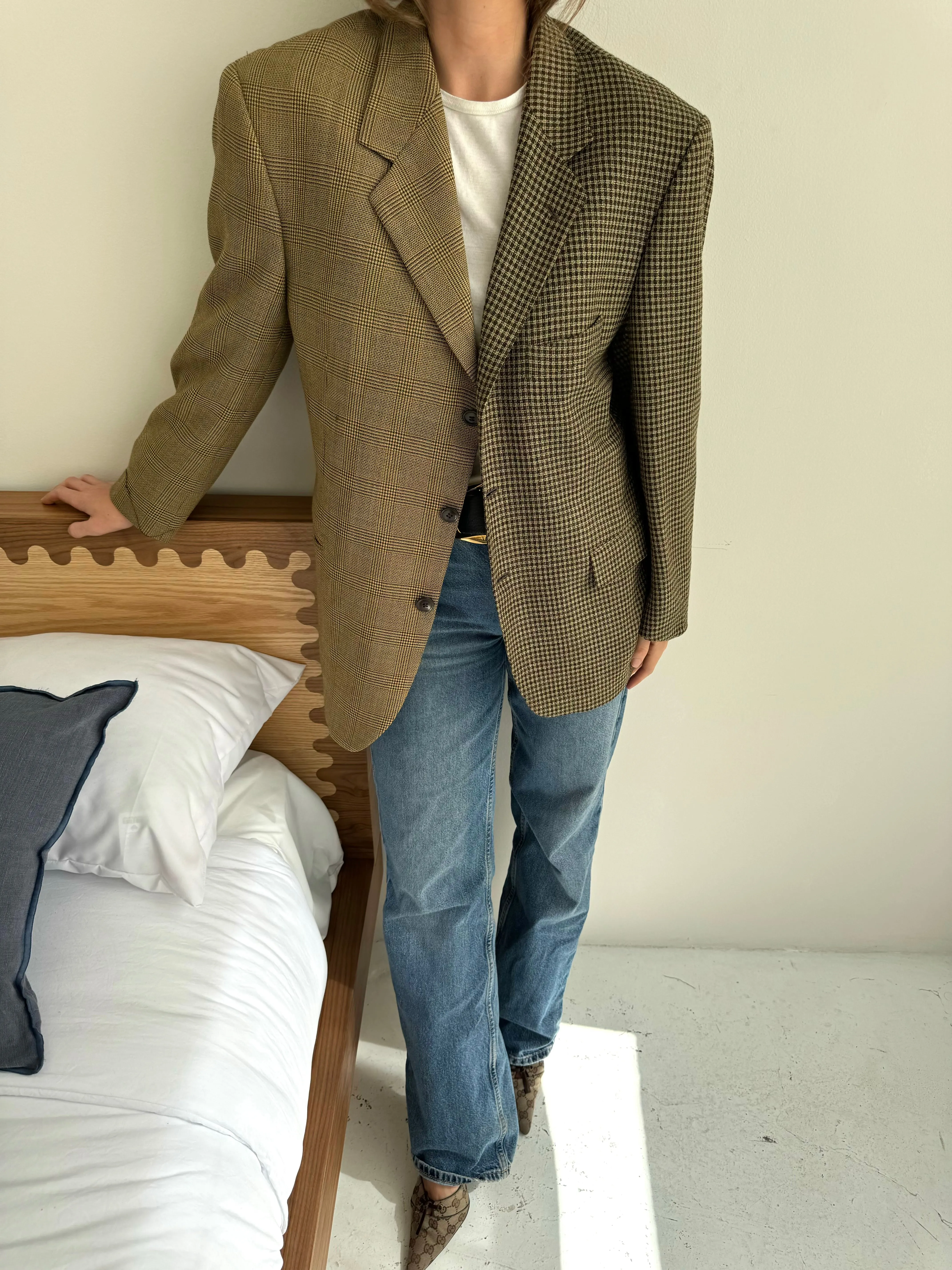 Green and plaid light but textured contrasted blazer