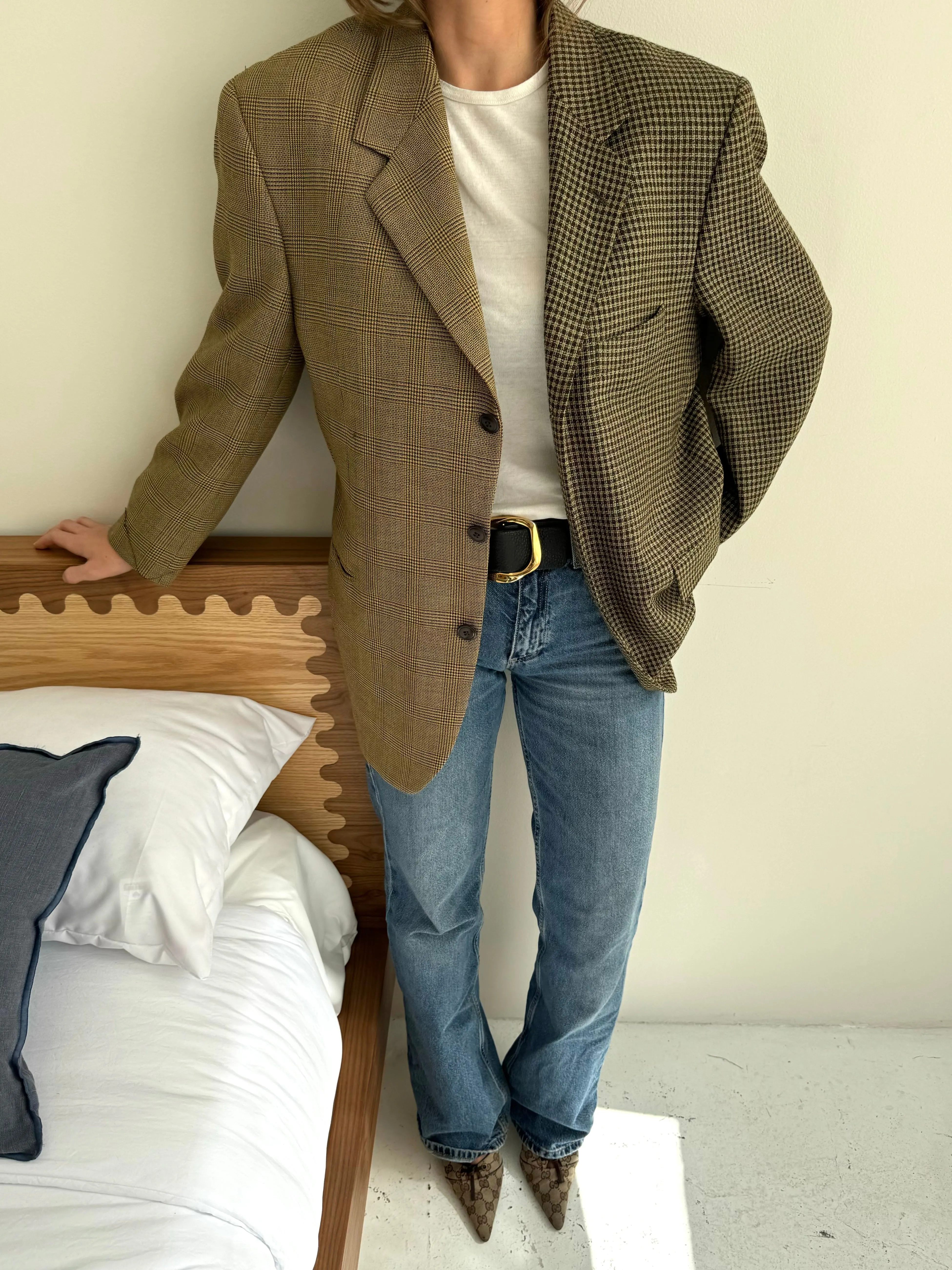 Green and plaid light but textured contrasted blazer