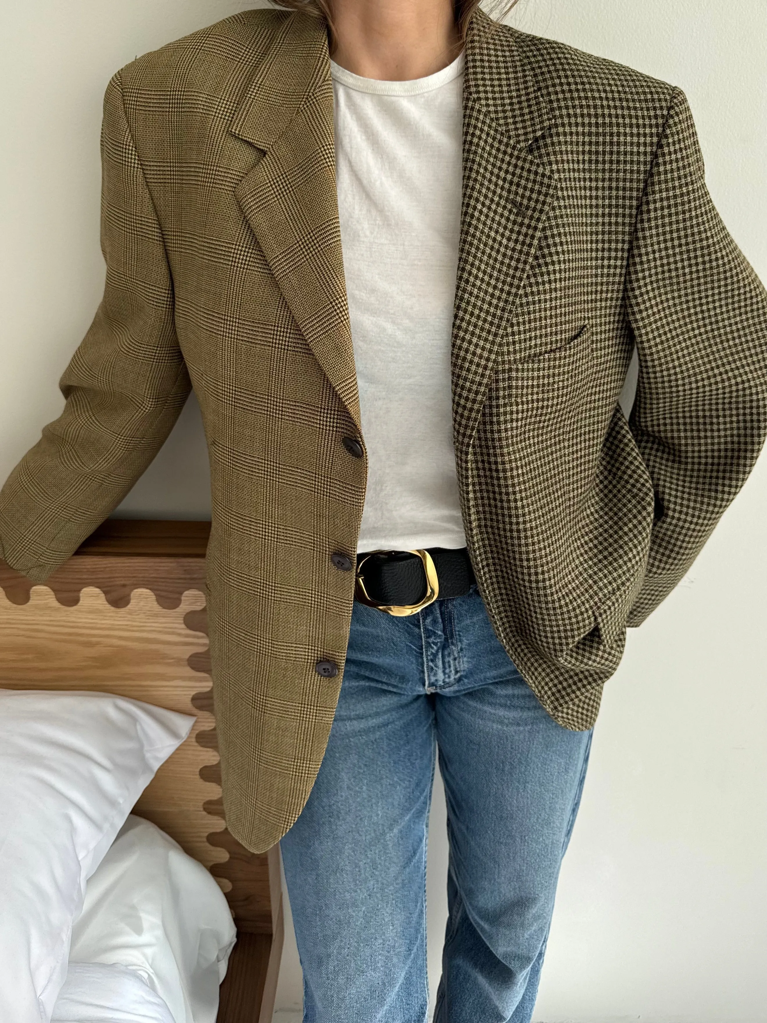Green and plaid light but textured contrasted blazer
