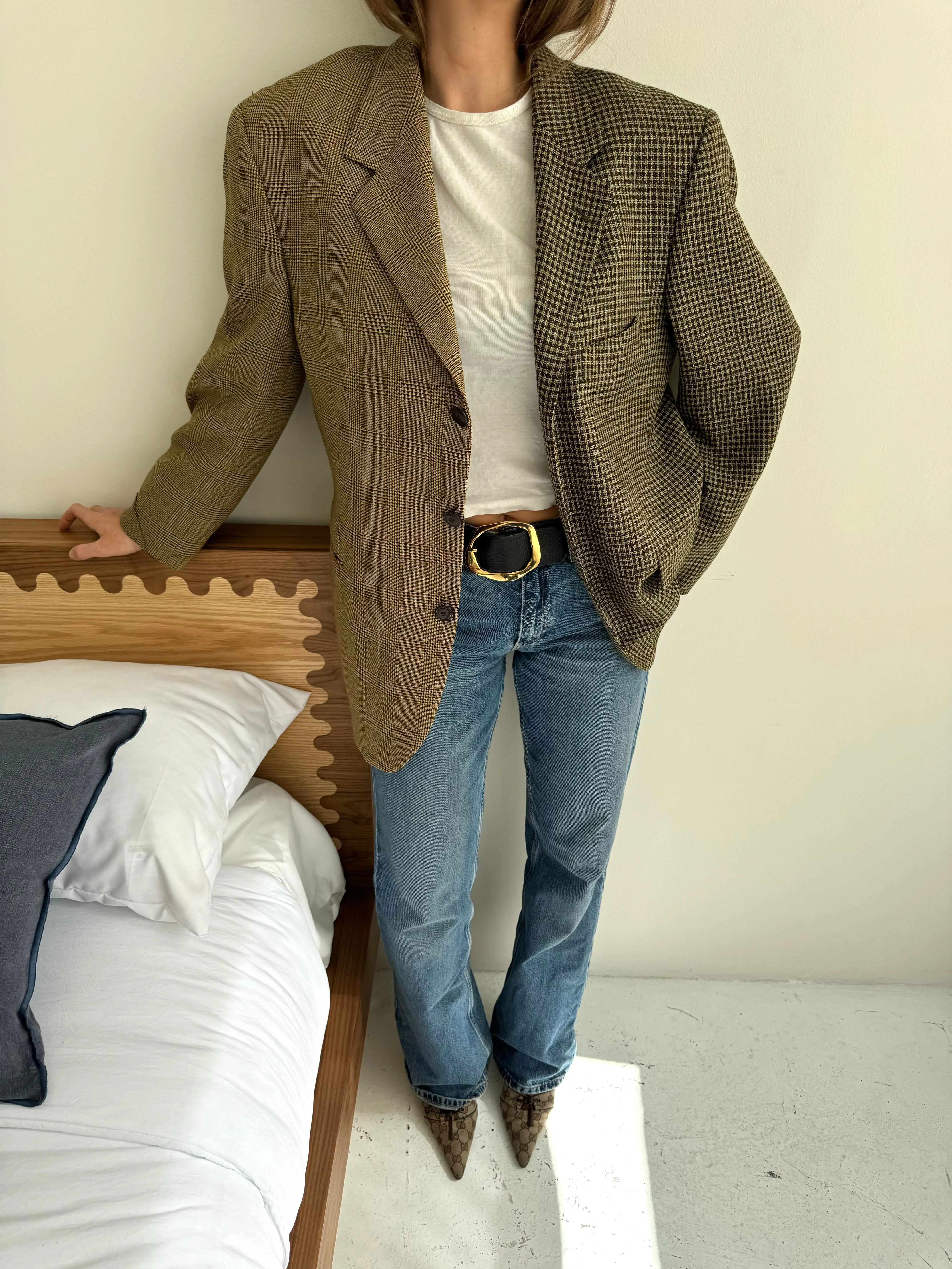 Green and plaid light but textured contrasted blazer