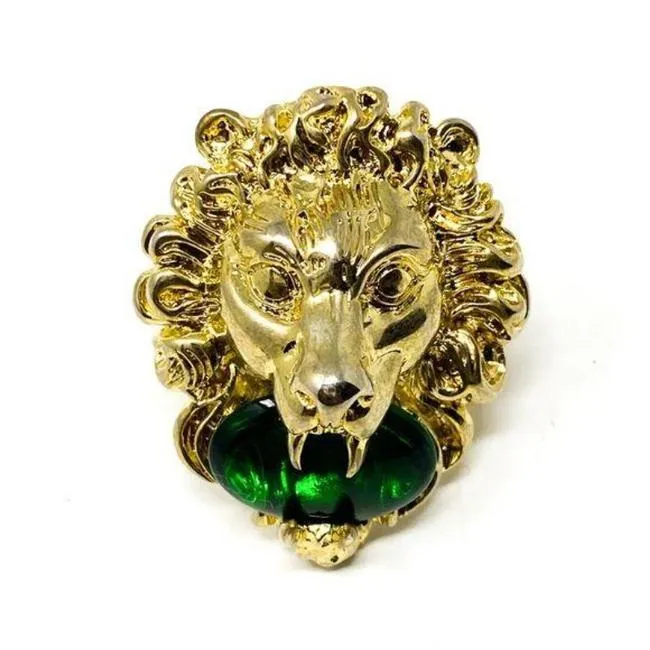 Gucci Lion Head Ring with Green Swarovski Crystal in Gold