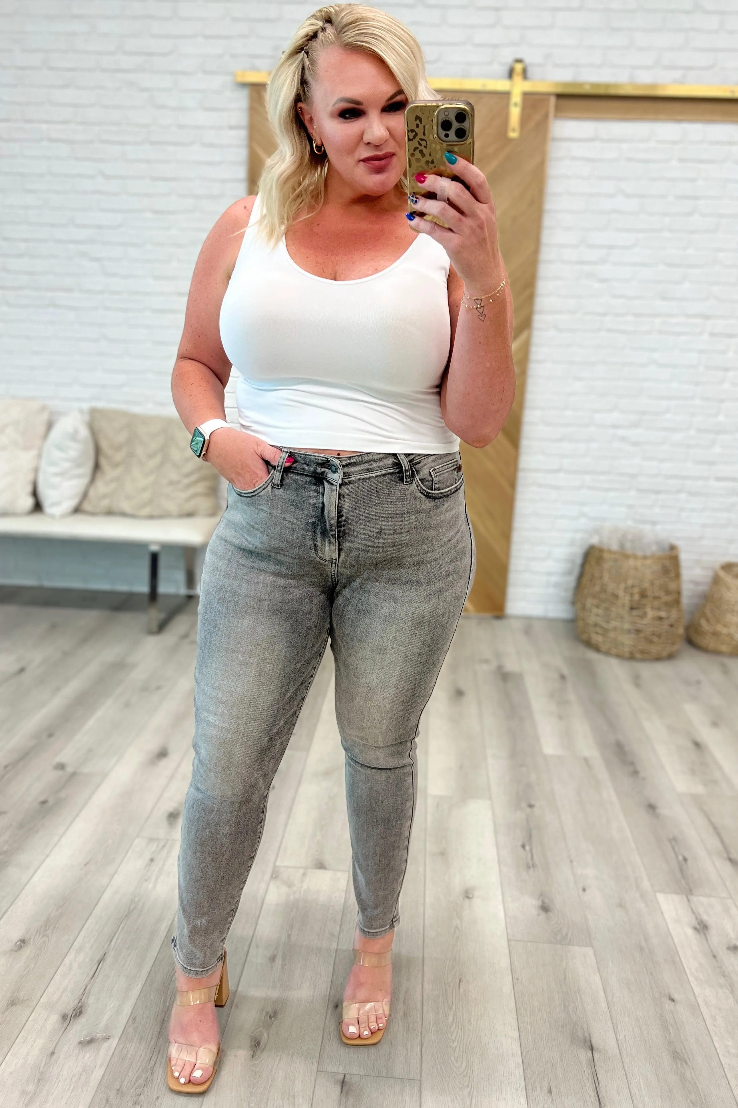 Hazel Blues® |  Charlotte High Rise Stone Wash Slim Jeans in Gray