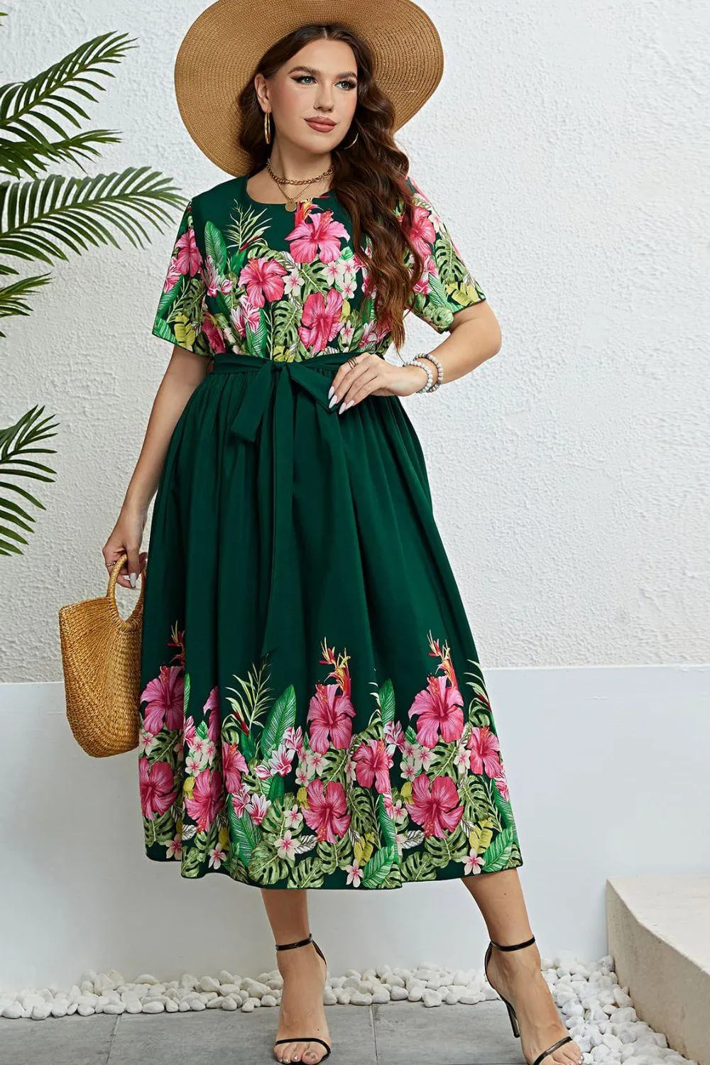 Hazel Blues® |  Floral Tie-Waist Round Neck Dress