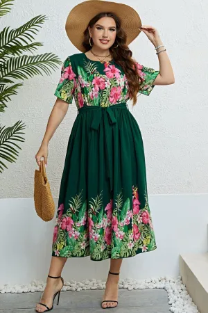 Hazel Blues® |  Floral Tie-Waist Round Neck Dress