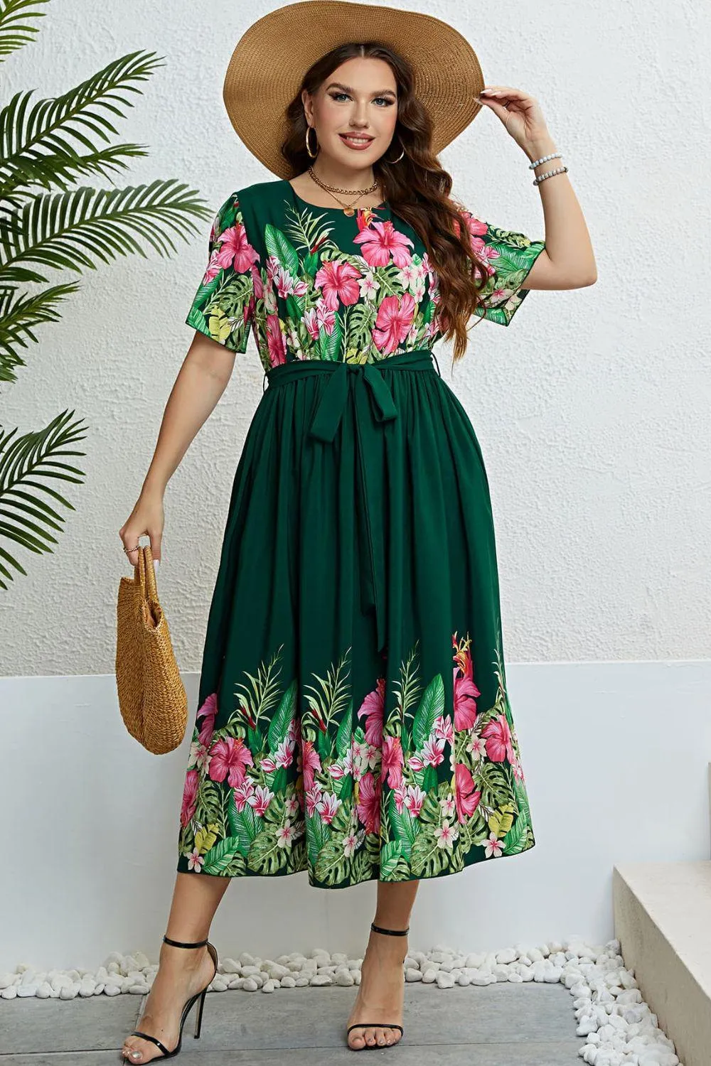 Hazel Blues® |  Floral Tie-Waist Round Neck Dress