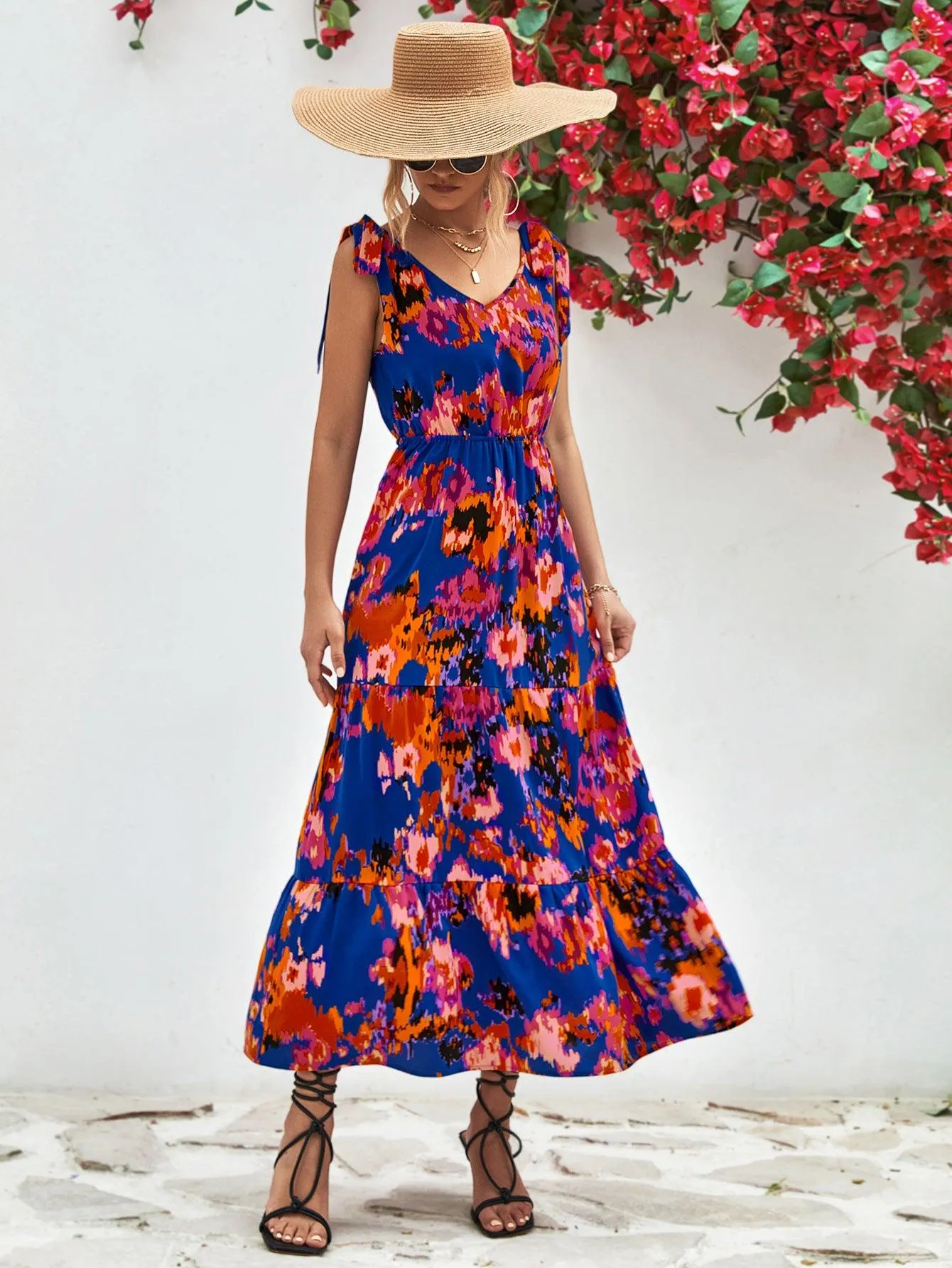 Hazel Blues® |  Multicolored V-Neck Backless Midi Dress