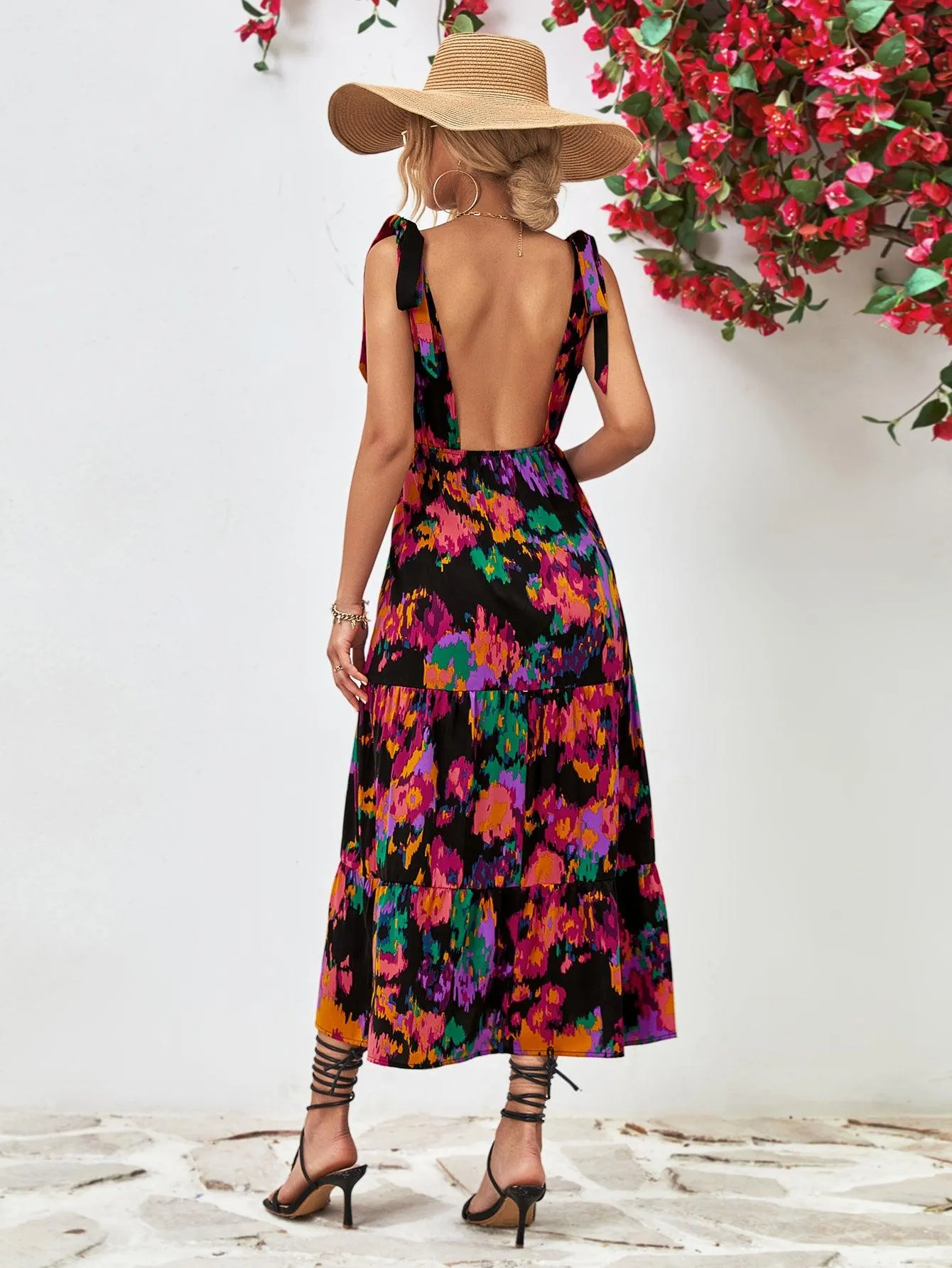 Hazel Blues® |  Multicolored V-Neck Backless Midi Dress