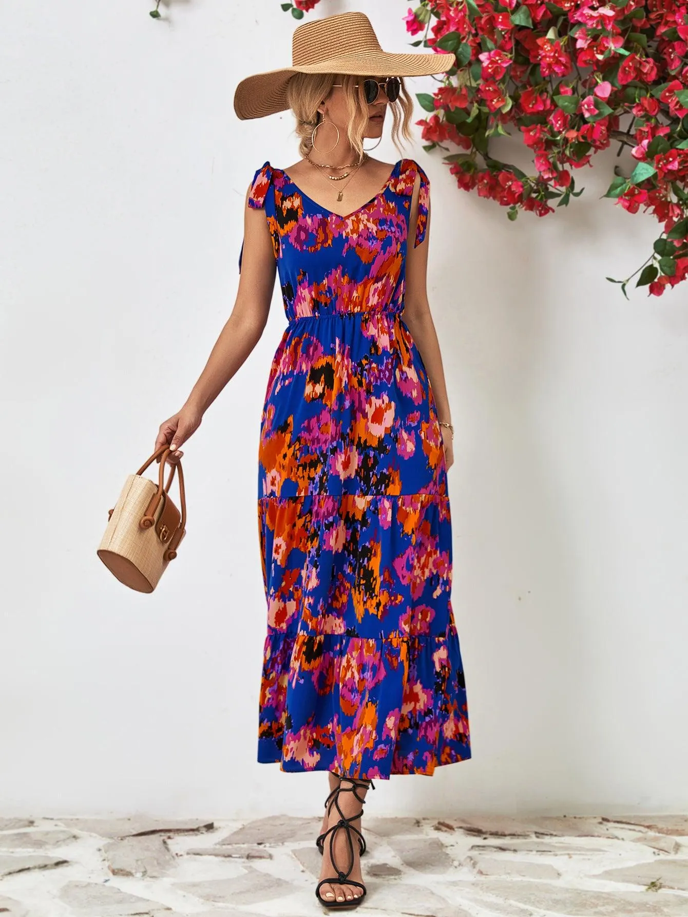 Hazel Blues® |  Multicolored V-Neck Backless Midi Dress