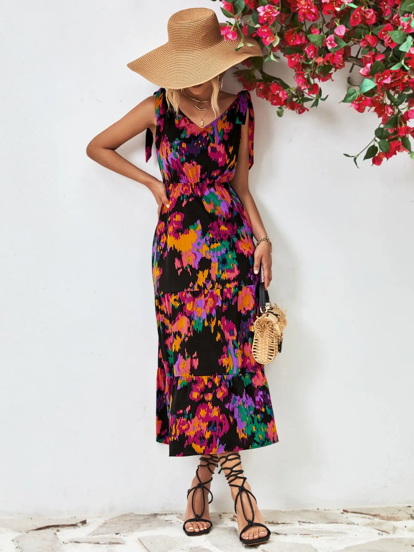 Hazel Blues® |  Multicolored V-Neck Backless Midi Dress