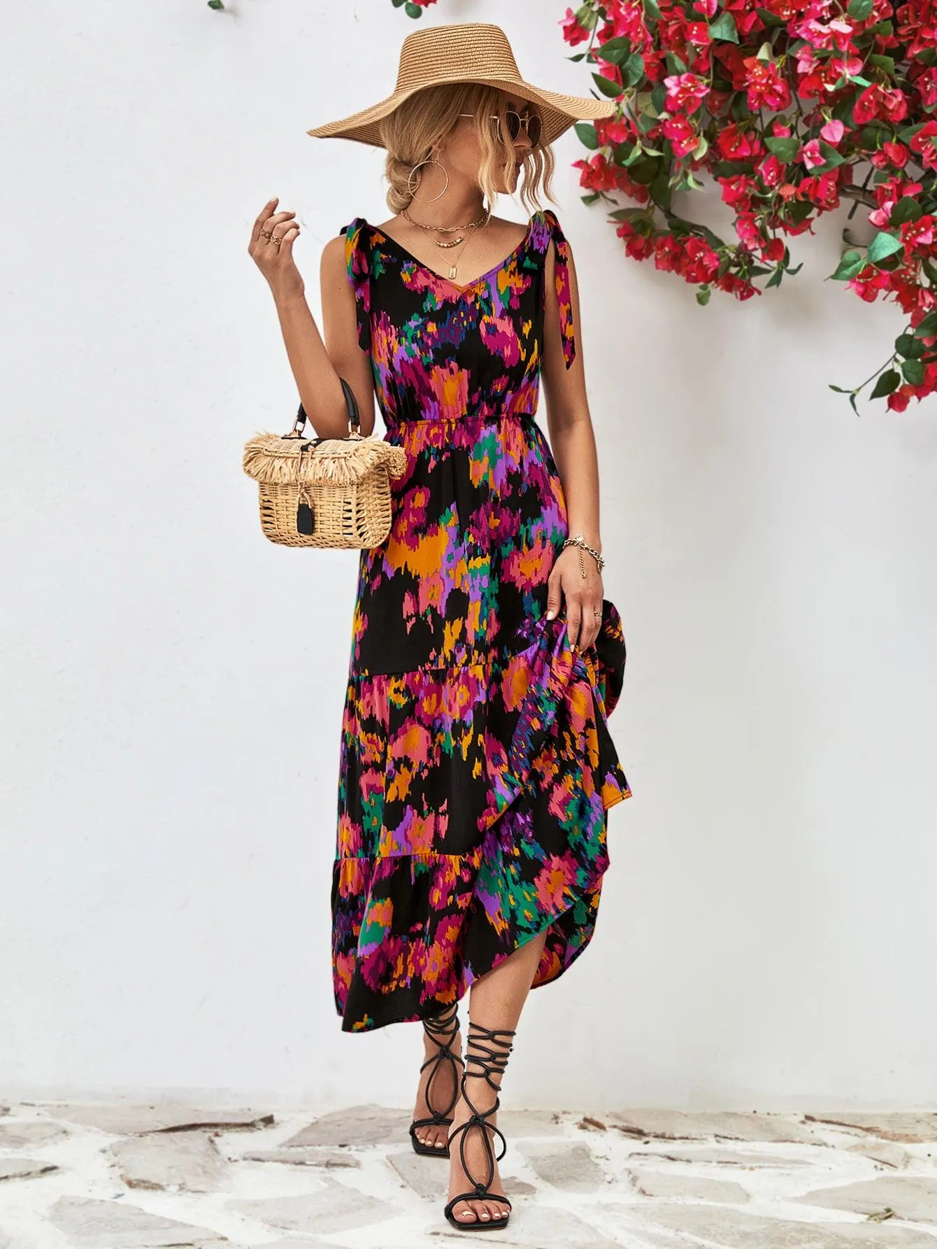 Hazel Blues® |  Multicolored V-Neck Backless Midi Dress