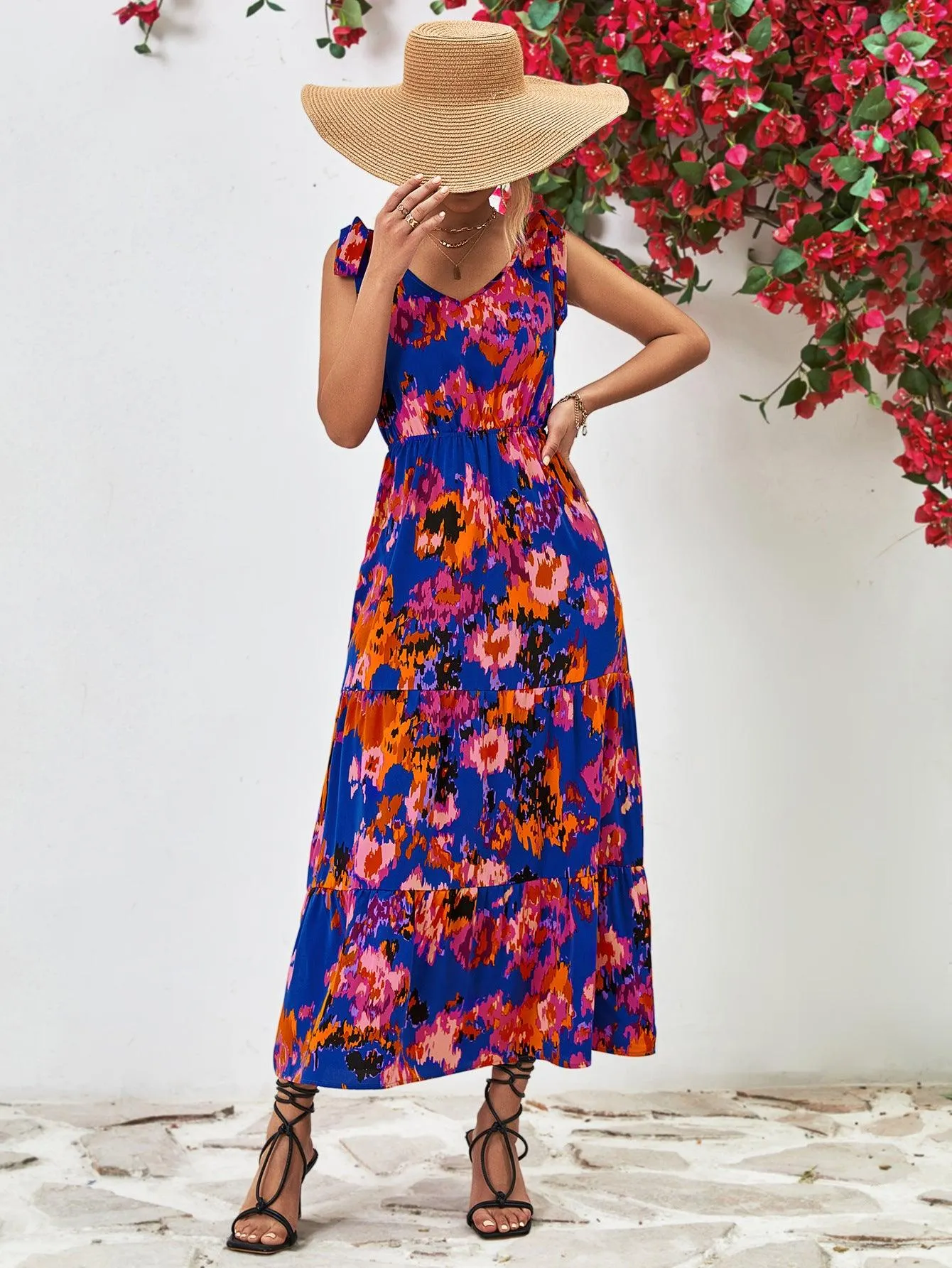 Hazel Blues® |  Multicolored V-Neck Backless Midi Dress
