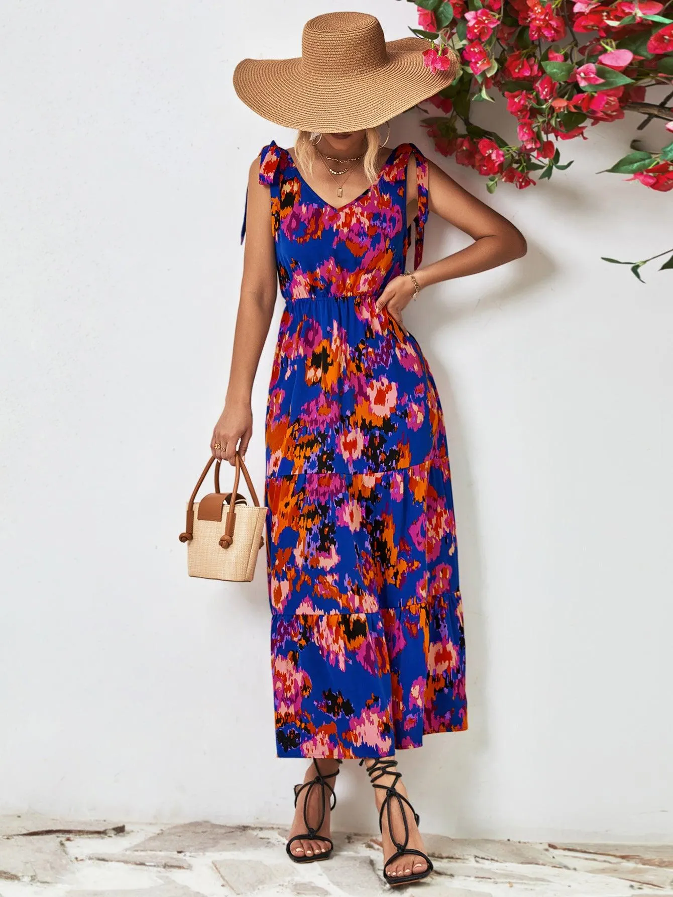 Hazel Blues® |  Multicolored V-Neck Backless Midi Dress